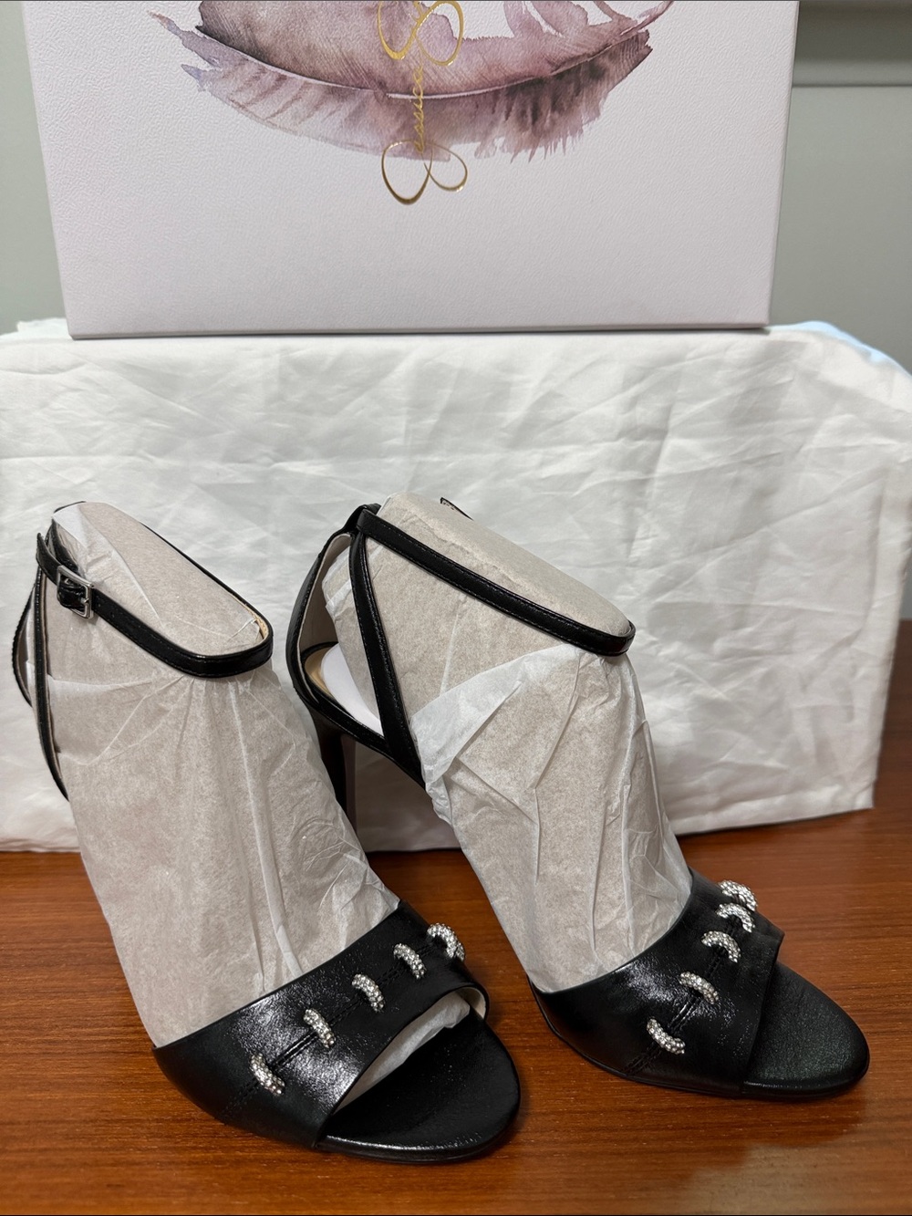Jessica Simpson Black Open-Toe Heels with Crystal Loop Accents